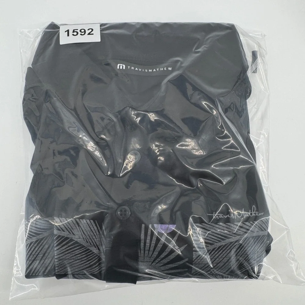 TravisMathew Mens Large Black Palm Leaf Graphic Short Sleeve Performance Polo